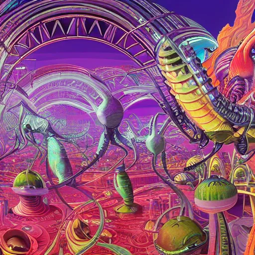 Image similar to alien panoramic village city rave hyper realism octane render airbush art nouveau intricate details by arthur adams, alex grey, lisa frank, syd mead, victo nagi