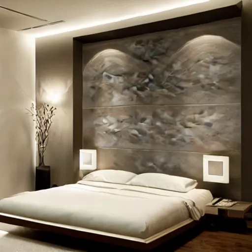 Image similar to contemporary bedroom design, modernism, photorealistic!!!!!!! art style, luminous lighting, intricately defined, beautifully ordinated