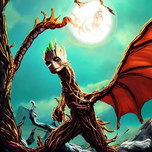 Image similar to groot dragon in universe, fighting pose