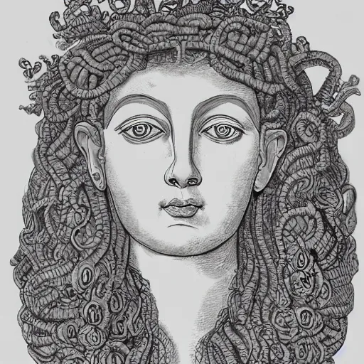 Image similar to detailed, portrait of medusa, Egyptian, surrounded by lotus flowers and geometry