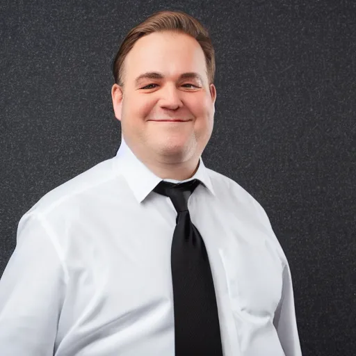 Prompt: clean - shaven portly white man wearing a crisp white dress shirt, necktie, black trousers, and black shoes. he looks very happy. studio background, studio lighting.