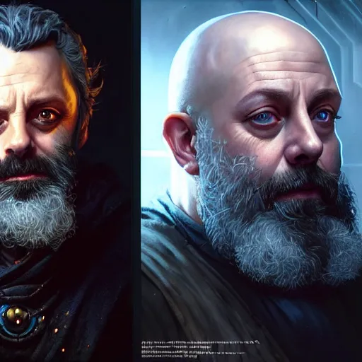 Prompt: portrait painting of a cyberpunk dwarf mage bald and bearded michael sheen, ultra realistic, concept art, intricate details, eerie, highly detailed, photorealistic, octane render, 8 k, unreal engine. art by artgerm and greg rutkowski and charlie bowater and magali villeneuve and alphonse mucha