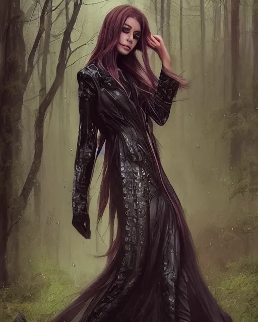 Image similar to a beautiful female, 8 k, hyperrealistic, hyperdetailed, modern clothes full length body, dark fantasy, dark wood, rain, wolves, fantasy portrait by laura sava