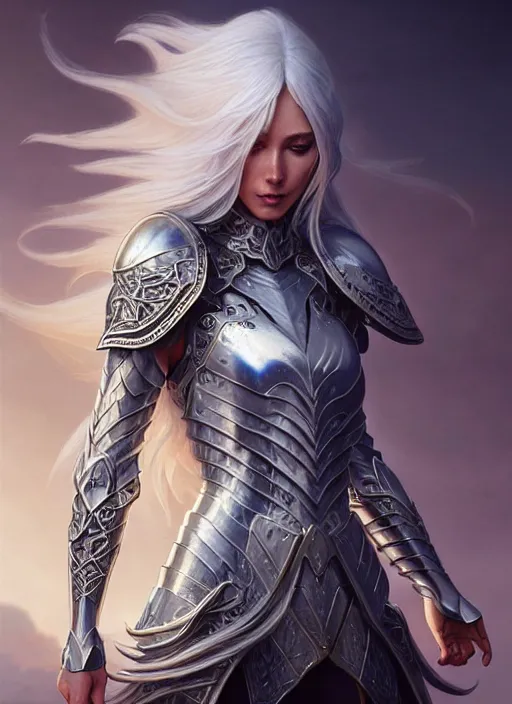 Image similar to light opal armor!!! long wild white hair!! covered chest!!! fantasy, d & d, intricate ornate details, symmetry, concept art, sharp focus, illustration, art by artgerm! greg rutkowski magali villeneuve wlop! ilya kuvshinov!!, octane render, unreal engine 5, highly rendered!!