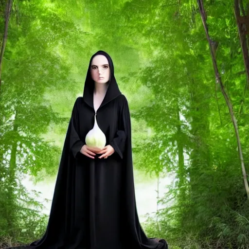 Prompt: a beautiful young witch in a black robe, holding white brugmansia