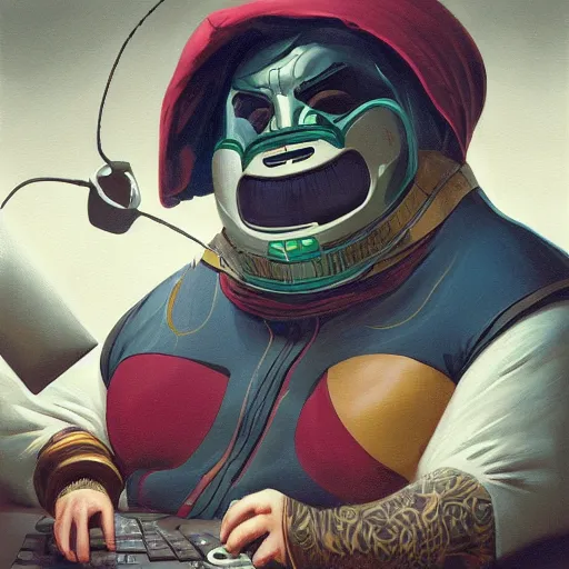 Image similar to a insanely detailed painting of a fat masked superhero wearing a costume sitting at a desk, staring at the nervously at the computer typing, in the style of peter mohrbacher, dramatic lighting and composition, trending on artstation, concept art, comic book