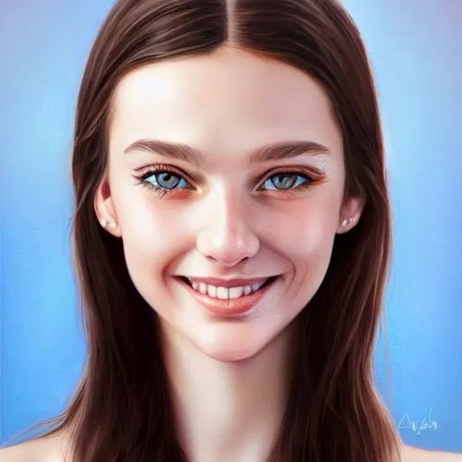 Image similar to full body portrait of a girl with blue eyes, gentle round face, with a bright smile, long dark hair, highly detailed, deep focus, elegant, digital painting, smooth, sharp focus, golden ratio, illustration, ultra realistic, 8 k, art by artgerm and caravaggio