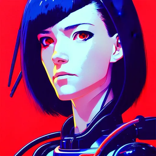 Image similar to side portrait scifi cyborg girl with robotic parts and spacesuit | | head only in center of image, audrey plaza, fine detail!! anime!! realistic shaded lighting!! poster by ilya kuvshinov katsuhiro otomo ghost - in - the - shell, magali villeneuve, artgerm, jeremy lipkin and michael garmash and rob rey