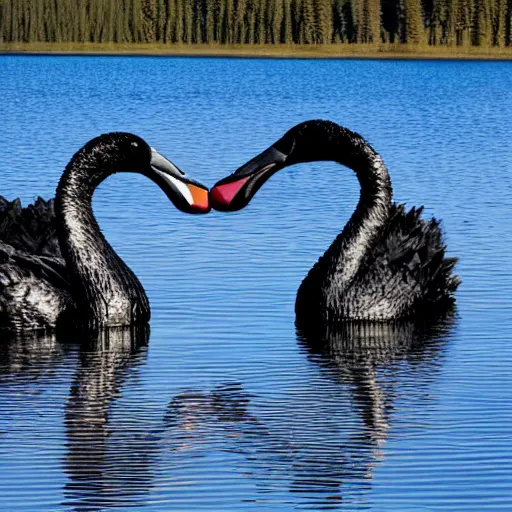 Image similar to photo of two black swans touching heads making a heart with their necks, in a beautiful reflective mountain lake, a colorful hot air balloon is reflecting off the water