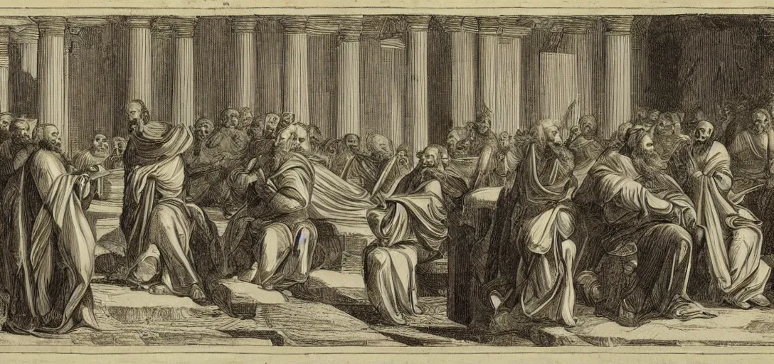 Prompt: origen of alexandria debates with epiphanius of salamis on a presidential debate stage