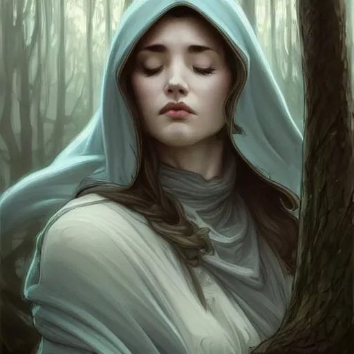 Image similar to wide angle, cloaked woman, sleeping on base of tree, white grey blue color palette, eyes closed, forest, female, d & d, fantasy, intricate, elegant, highly detailed, long brown hair, digital painting, artstation, octane render, concept art, matte, sharp focus, illustration, hearthstone, art by artgerm, alphonse mucha johannes voss