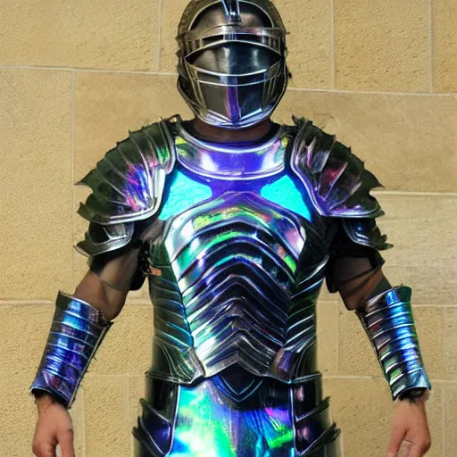 Image similar to holographic corinthian armor, man wearing armor, glowing, see through, spectacular