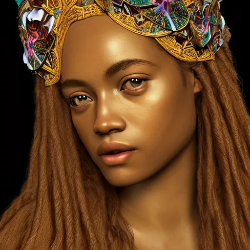 Image similar to kodak portra 4 0 0, 8 k, artstation, soft light, volumetric lighting, highly detailed, britt marling style 3 / 4 extreme close - up portrait photography of a beautiful woman pre - raphaelite, inspired by thandiwe muriu, royal woman wearing ornate art nouveau orchid headdress, realistic, refined, highly detailed