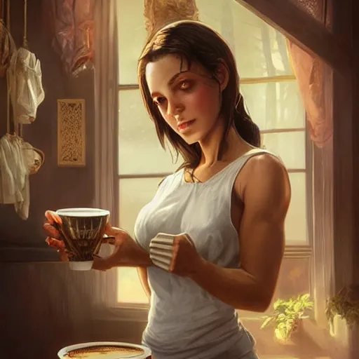 Prompt: Epic portrait, a muscular waitress making coffee, cozy, glossy skin, beauty, pretty, brown hair flow, digital painting, artstation, concept art, soft light, hdri, smooth, sharp focus, illustration, fantasy, intricate, elegant, highly detailed, D&D, matte painting, in the style of Greg Rutkowski and Alphonse Mucha and artemisia, 8k,