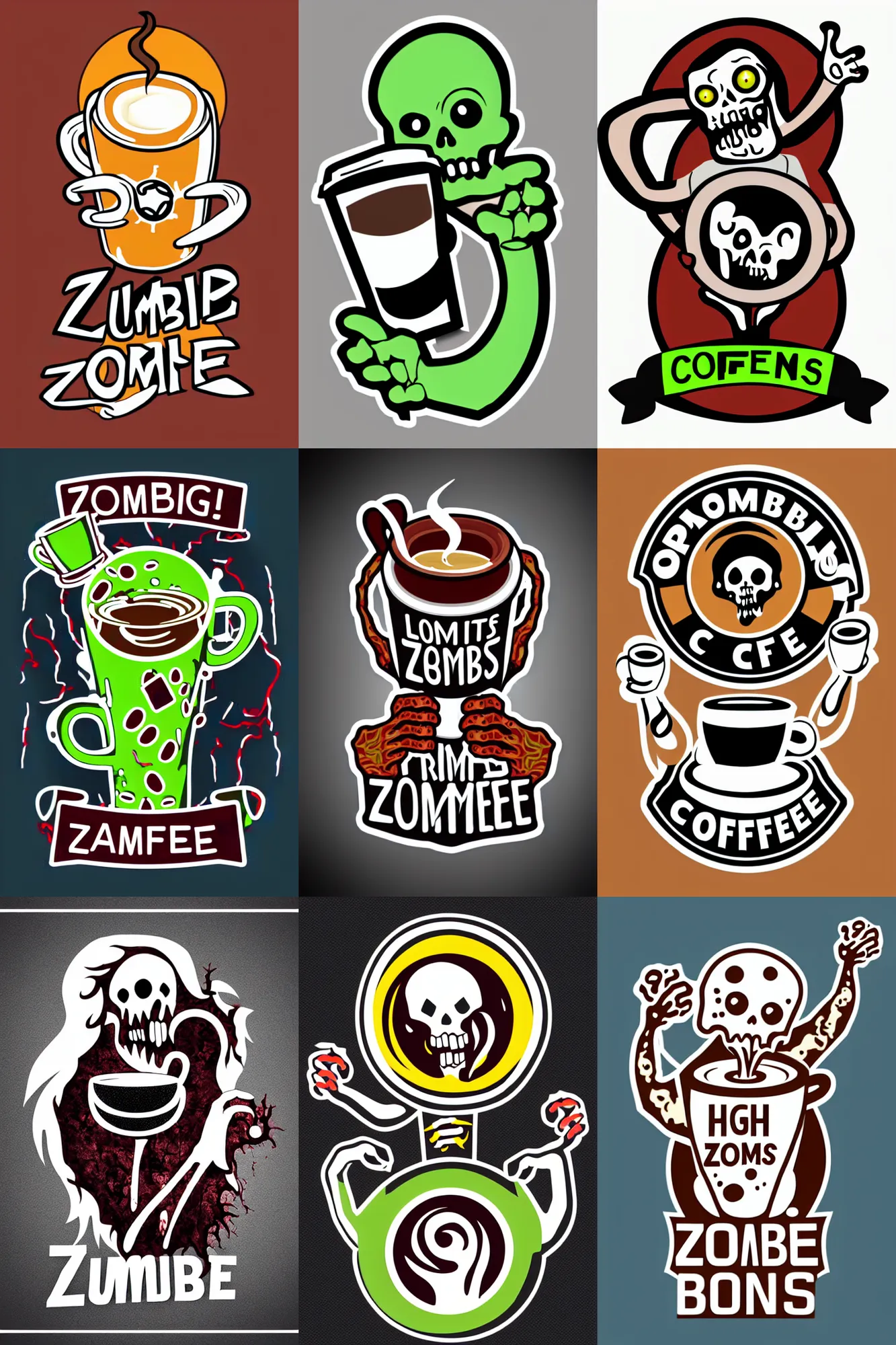 Prompt: logo design, zombie arms out in front holding coffee cup, patch logo, high detail spiral design