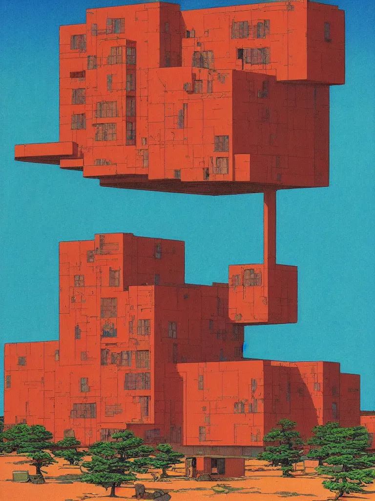 Image similar to a psychedelic hallucination of a brutalist hotel in the high plains desert, by kawase hasui, moebius, edward hopper, colorful flat surreal design, dramatic lighting, hd, 8 k, artstation