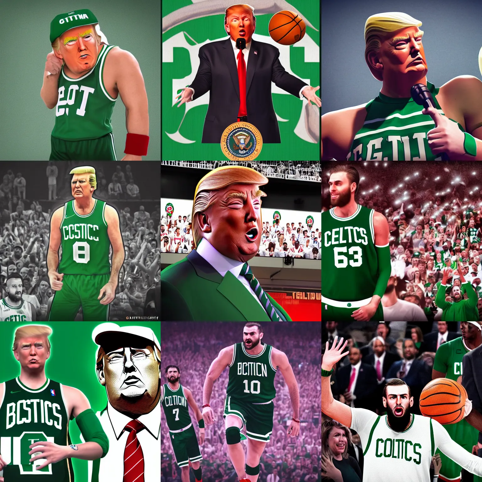 Prompt: Gigachad Donald Trump on the Boston Celtics, NBA Digital Art, Trending on artstation, octane render, basketball art