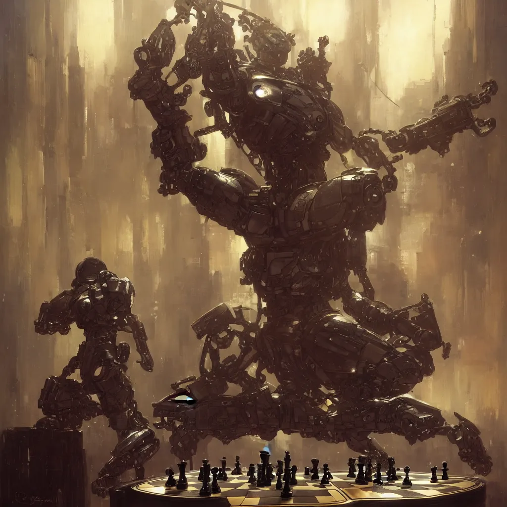 Prompt: cyborg chess pawn on chess board, studio shot, by gaston bussiere, anna nikonova aka newmilky, greg rutkowski, yoji shinkawa, yoshitaka amano, tsutomu nihei, muira, moebius, donato giancola, trending on artstation, featured on pixiv