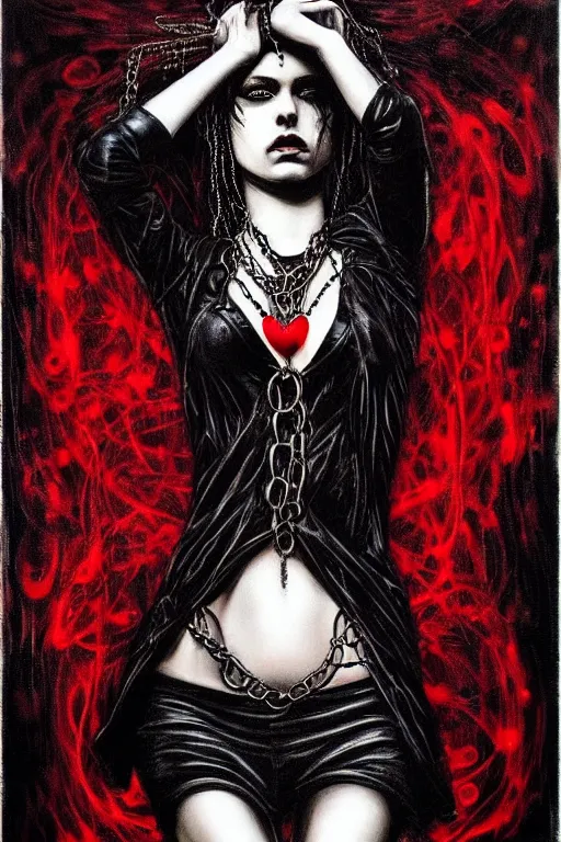 Image similar to dreamy gothic girl, black leather slim clothes, chains, red water, beautiful body, detailed acrylic, grunge, intricate complexity, by dan mumford and by alberto giacometti, peter lindbergh