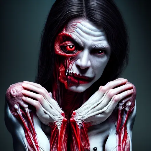 Image similar to female vampire with translucent skin, visible muscles and veins and arteries and bones and spine and nerves, beautiful detailed intricate insanely detailed octane render, 8K artistic photography, photorealistic, chiaroscuro, by David Cronenberg