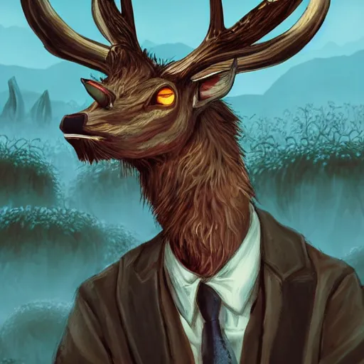 Prompt: 4 k headshot portrait of a psychedelic demonic anthropomorphic deer - horned wendigo smoking a hand - rolled cigarette smoking heavily, magic mushroom village in background. award winning. superb resolution. in the art style of junji ito and greg rutkowski. detailed mushroom city in background. hyper realistic anime. perfect art. dalle 2