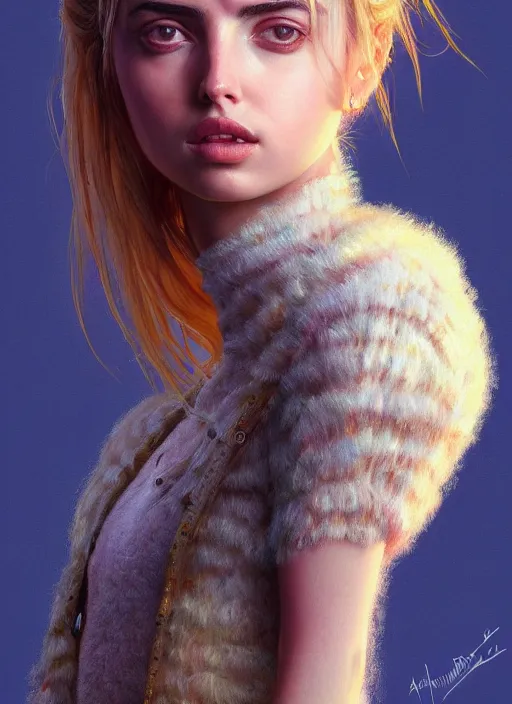 Image similar to hyper realistic zoomed out portrait of ana de armas wearing clothes from the fifth element, by hsiao ron cheng, ngai victo, nivanh chanthara jean delville wlop and dougherty patrick, trending on artstation, soft light