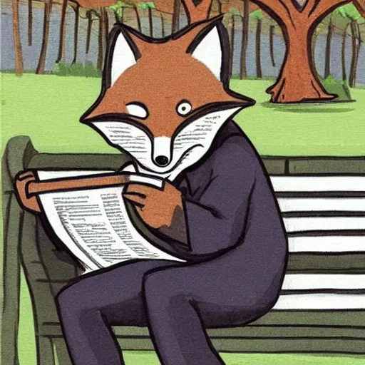 Image similar to a fox in a trench coat reading a newspaper on a park bench, photorealistic,