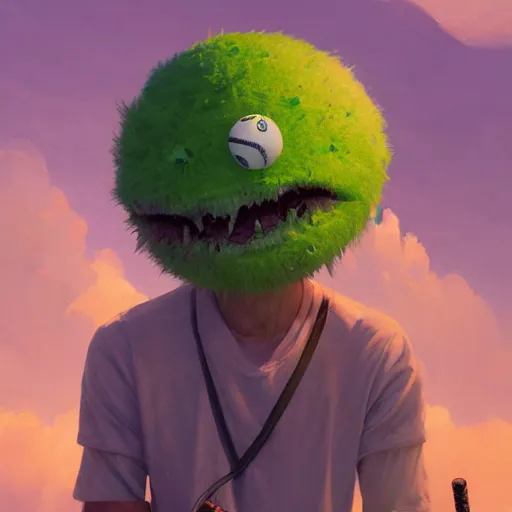 Image similar to highly detailed vfx portrait of a character of a tennis ball monster stephen bliss, chalk, unrealengine, greg rutkowski, loish, rhads, beeple, chalk, makoto shinkai and lois van baarle, ilya kuvshinov, rossdraws, tom bagshaw, basil gogos