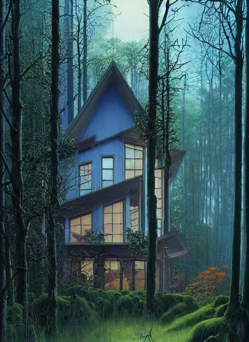 Image similar to hyper realistic witchy modern house with mood lighting and tech in the woods gorgeous lighting, blue sky, highly detailed, lush forest foliage painting by zdzisław beksinski and norman rockwell and greg rutkowski weta studio, and lucasfilm