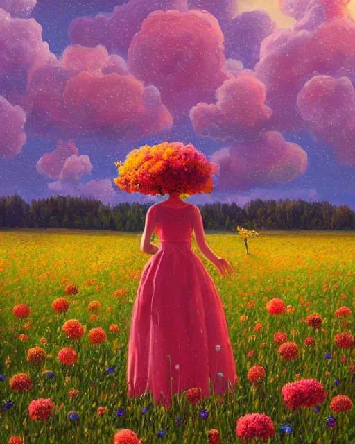 Image similar to girl with giant flower as a face and flower dress, standing in a flower field hills, big trees, sunrise dramatic light, impressionist painting, colorful clouds, digital painting, pointillism, artstation, simon stalenhag