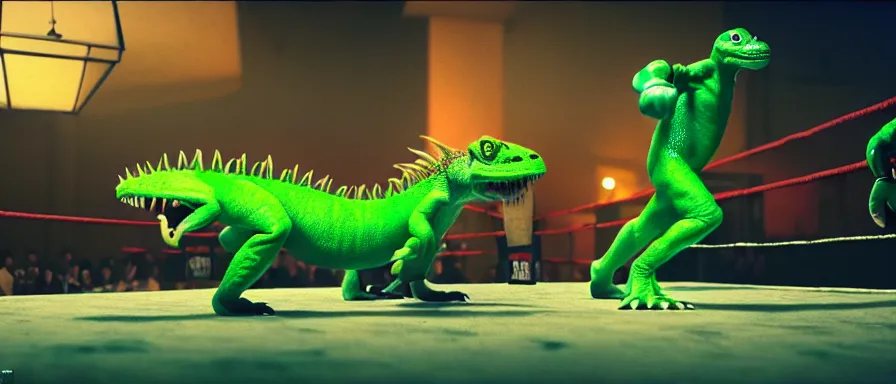 Prompt: amazing detailed lucid surreal rendering by wes anderson, octane render, volumetric lighting, depth of field, futurisitic boxing ring in a dying utopia, neon radioactive swamp, lizardman on stilts fighting human boxer