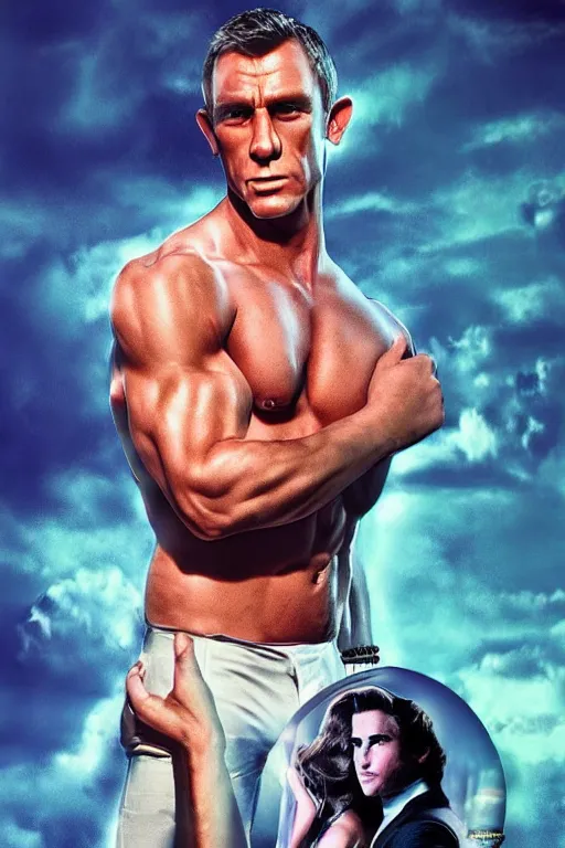 Image similar to synthwave romance novel cover with james bond, long swept back blond hair, chiseled good looks, muscular arms and chest, digital art