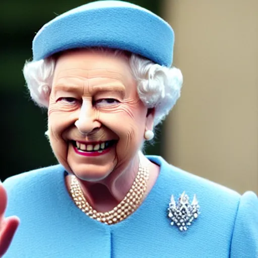 Prompt: the queen of england grinning and flipping the bird, in a magazine cover photo.