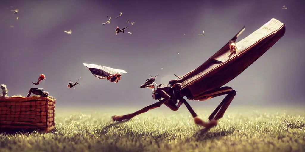 Image similar to a cricket playing a tiny piano on top of a picnic blanket about to be crushed by a giant human foot, low field of view, blurry background, digital art, artstation