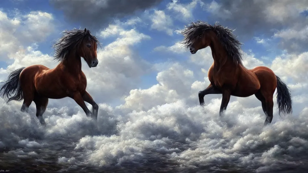 Image similar to very realistic oil painting of horse made of clouds , beautiful, highly detailed, masterpiece, next to a small crystal clear river, Hearthstone style