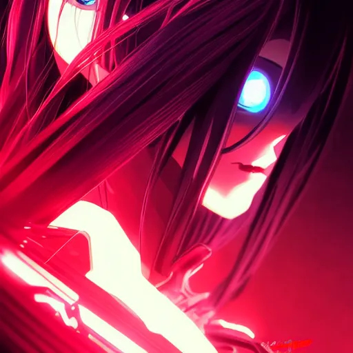 Prompt: digital anime, cyborg - girl refracting reality, black red long hair!, biomechanical details, neon background lighting, reflections, wlop, ilya kuvshinov, artgerm