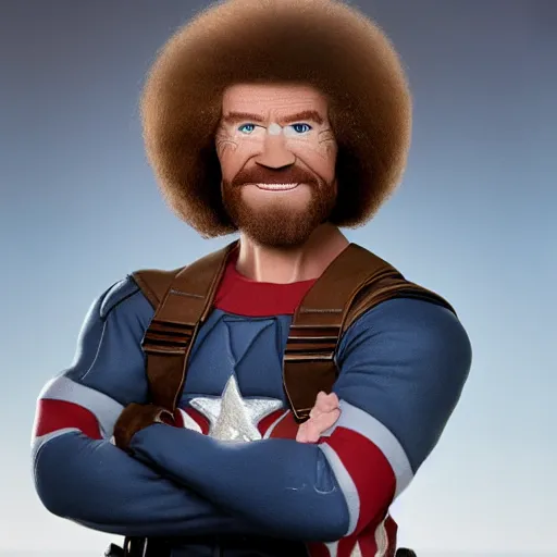 Image similar to Bob Ross as Captain America, photography, portrait