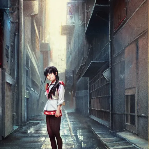 Image similar to a perfect, realistic professional oil painting of a Japanese schoolgirl posing in a dystopian alleyway, style of Marvel, full length, fine details, by a professional American senior artist on ArtStation, a high-quality hollywood-style concept
