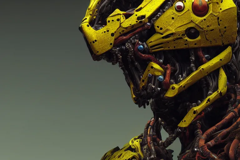 Image similar to portrait of a posed hyper detailed yellow scrounger evangelion realistic mechanical and fleshy organic creature similar look as horizon forbidden west horizon zero dawn bioluminiscence in a dark deep forest at dawn in spring, with reflection and textures, by kilian eng, substance painter reaslitic mech surface metal painted scratches