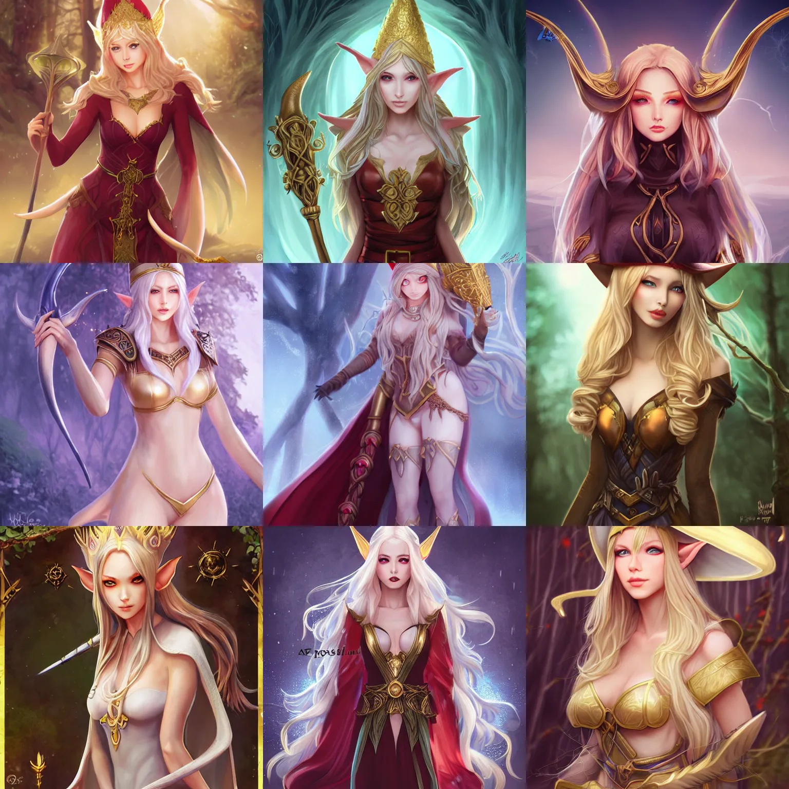 Prompt: full body portrait beautiful elf sorceress, skintight robes, hat, tunic, detailed face, golden hair, big red eyes, white skin, forest, scepter, high fantasy, extemely detailed, dnd, smooth, sharp focus, digital illustration, by artgerm, sakimichan, rossdraws