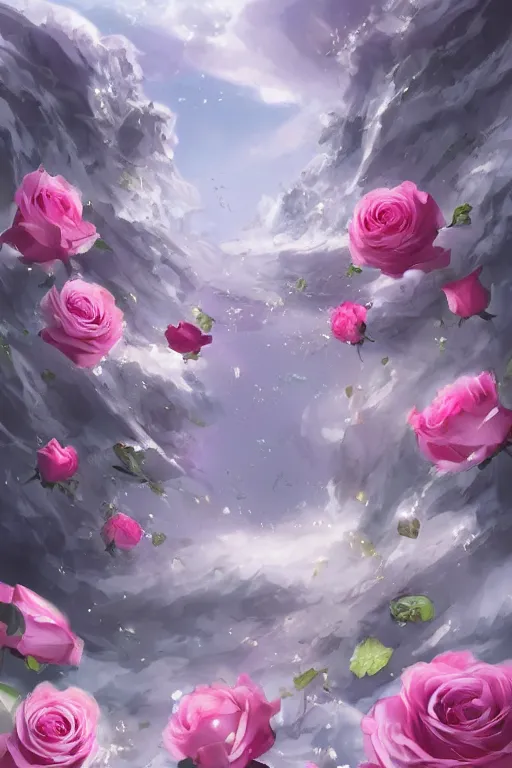 Image similar to background concept art magic invisible blades slicing through a bouquet of white and pink roses, flowers exploding and spraying, big puffy clouds, large rose petals, lotus petals, large polygonal background elements, large polygons, dramatic anime, dramatic lighting, artgerm, manga, trending on artstation, marco bucci, mature colors