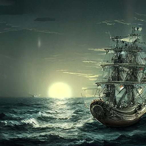 Image similar to extravagant pirate ship sailing over the still sea at night. moonlight. concept art. matte painting