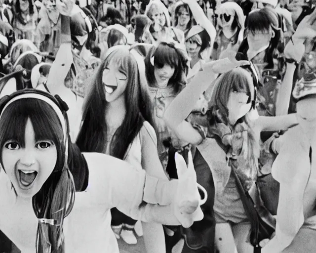 Prompt: hatsune miku at woodstock, concert documentary footage, 7 0 s miku