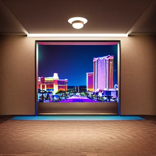 Prompt: A portal looking in to the Los Vegas strip. The edges of the portal cause dimmed light's to shine down on the ground. The portal is in a dark room. Ultra realistic, 8k.