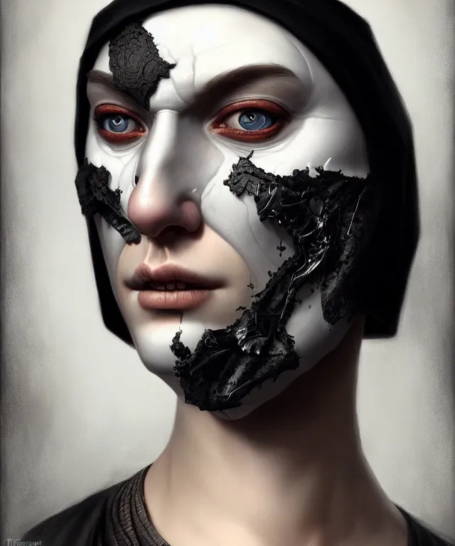 Prompt: white man with black fabric half mask, highly detailed face!!!, true anatomy!, extremely detailed!, digital painting, unreal engine 5, art by tom bagshaw