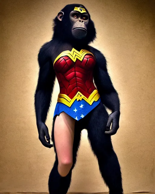 Image similar to Full body photos of a beautiful Chimpanzee dressed as Wonder Woman posing with Gorilla Grodd. Hyperreal, Trending on Artstation photography in the style of Annie Leibovitz