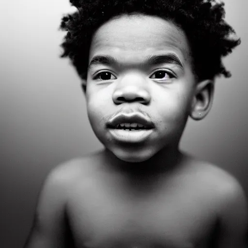 Image similar to the face of young chance the rapper at 1 years old, black and white portrait by julia cameron, chiaroscuro lighting, shallow depth of field, 8 0 mm, f 1. 8