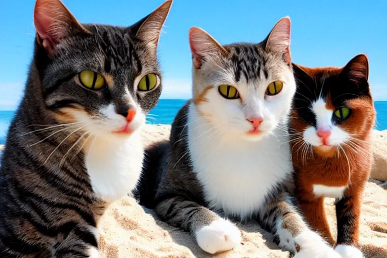 Prompt: cats at the beach and all of the cats are looking directly into the focal point of the camera