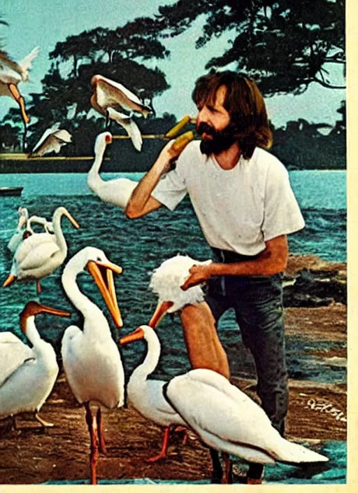 Image similar to vintage pharamaceutical magazine advertisement depicting charles manson feeding pelicans to children