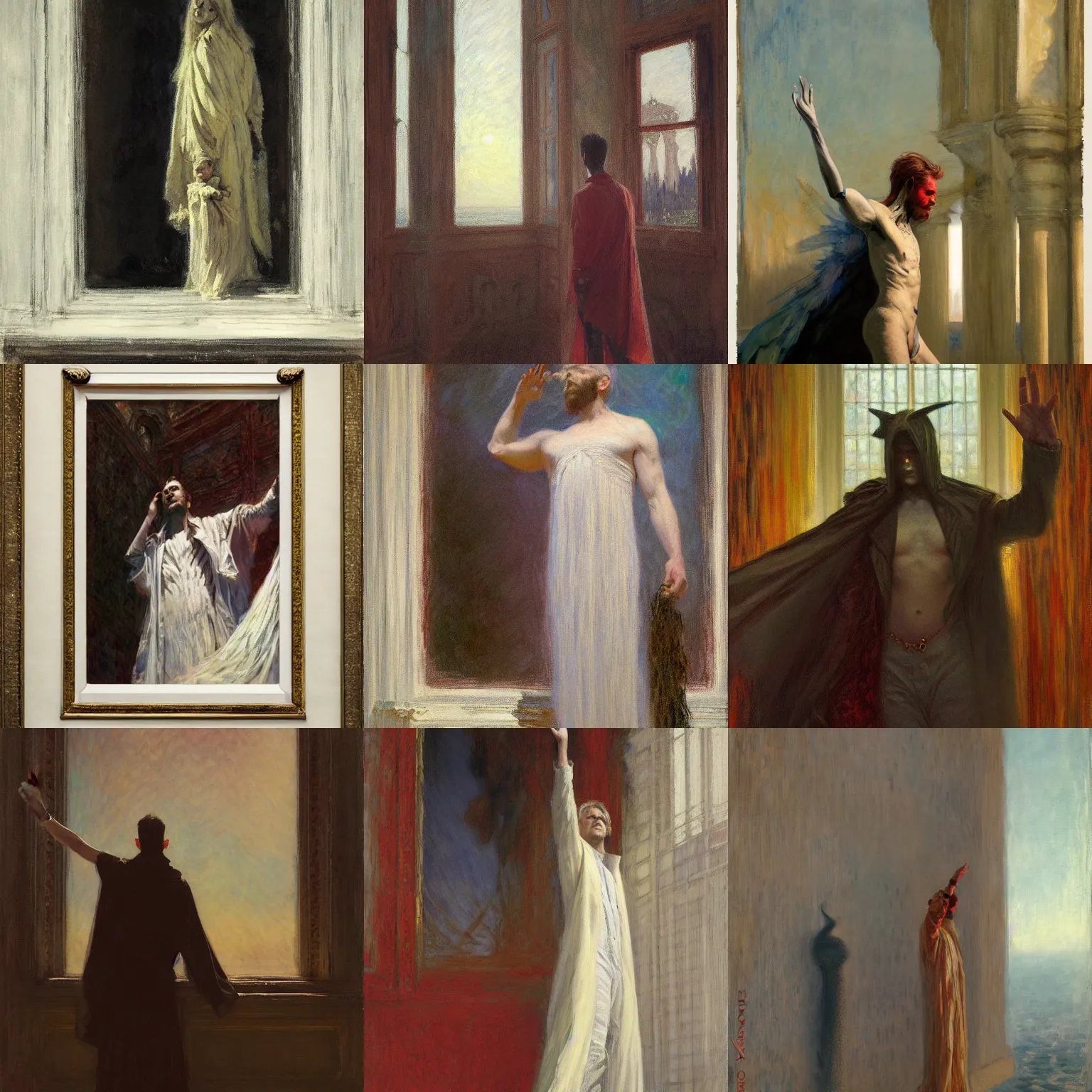 Prompt: lucifer from'the sandman ( 2 0 2 2 )'standing in the window of the palace, waving at the crowd, smooth, sharp focus, by jeremy lipkin, john berkey, claude monet, dino valls